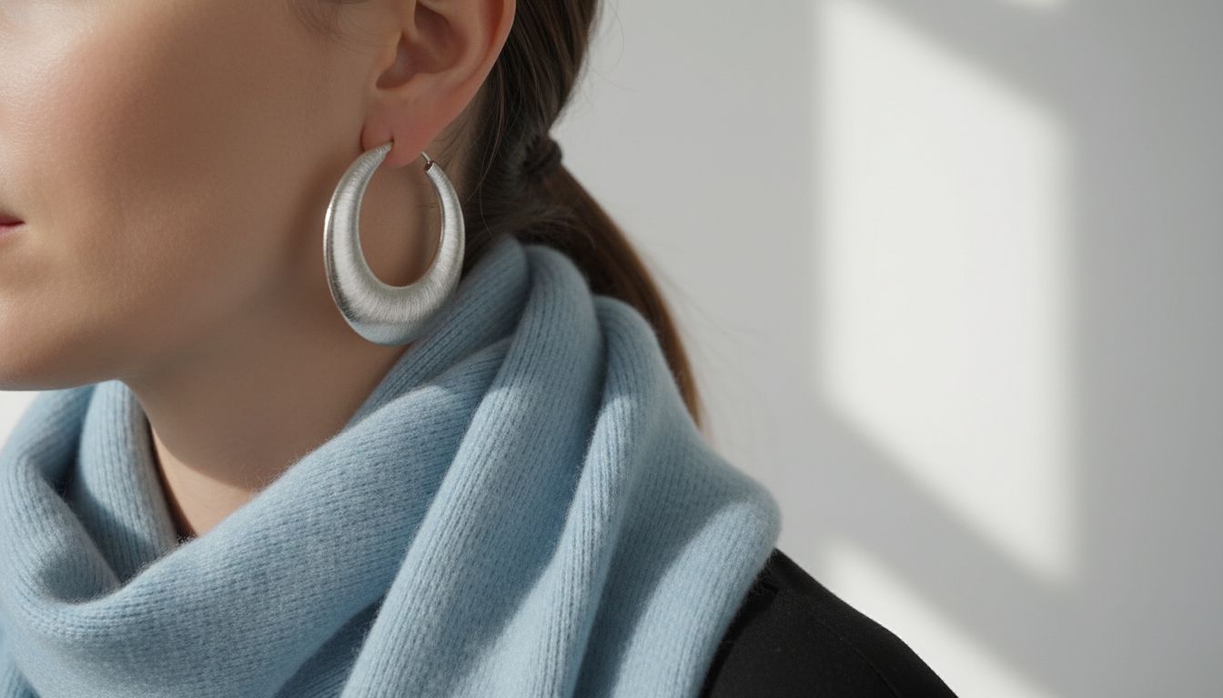 Детализированный кадр: массивные серебряные серьги и кашемировый шарф цвета Icy Blue, демонстрирующий текстуру.