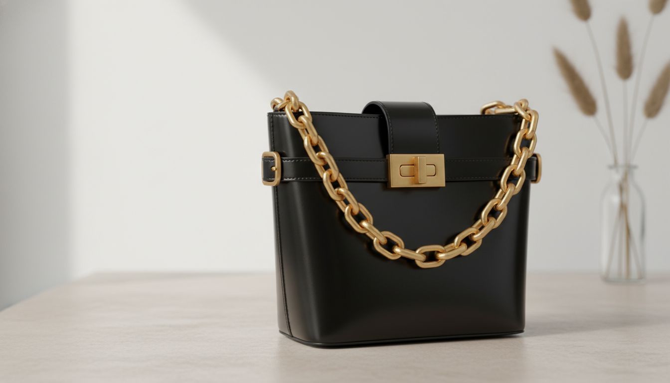 Крупный план структурной сумки-ведра из глянцевой черной кожи с золотистой фурнитурой.