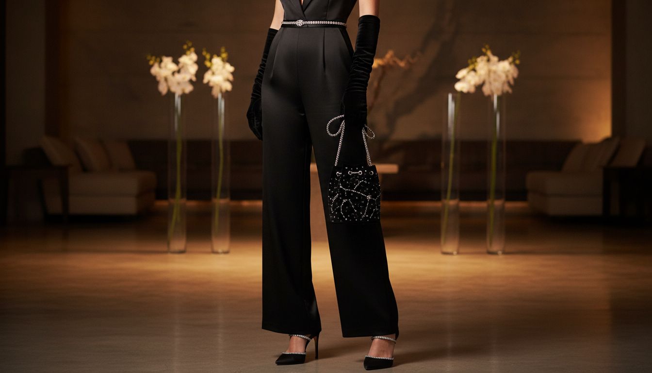 Вечерний образ с миниатюрной сумкой-ведром из черного бархата, украшенной кристаллами.