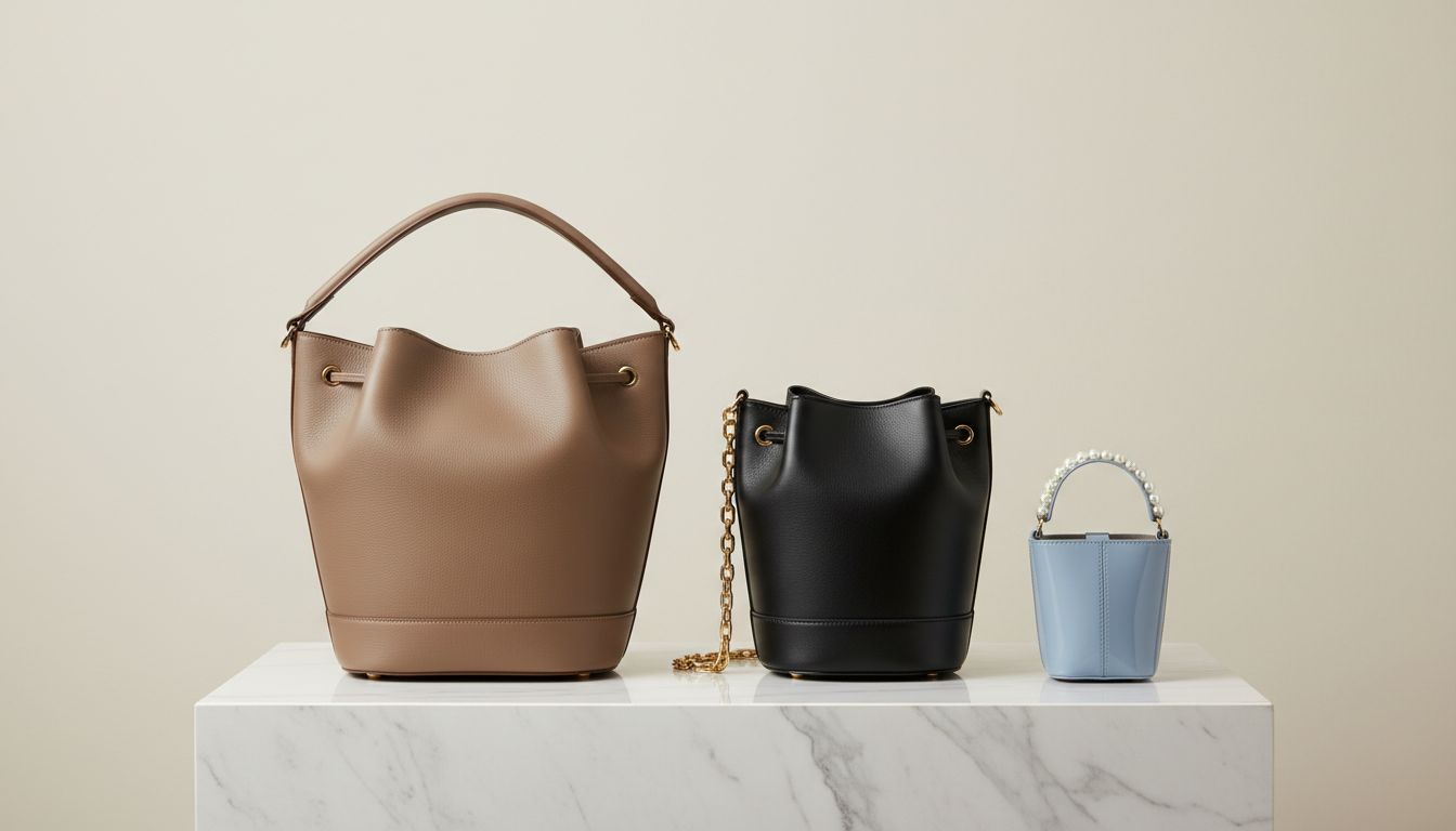 Сравнение трех размеров структурных сумок-ведер: макси, миди и мини.