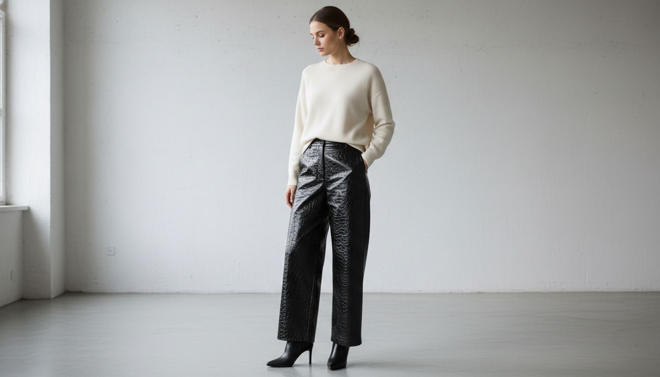 Женщина в широких брюках из Cracked Patent Leather, стилизованных с простым белым кашемировым свитером и остроносыми ботильонами.