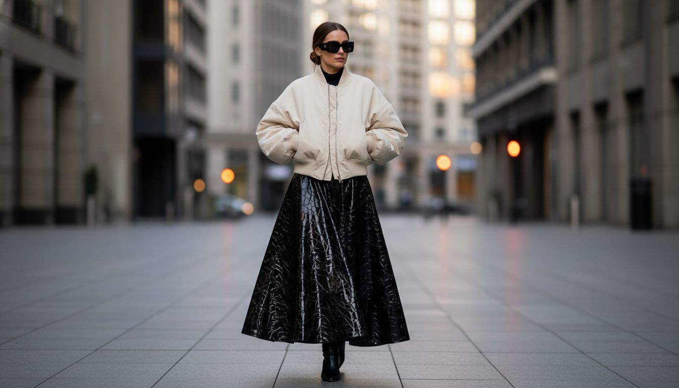 Девушка в длинной юбке из Cracked Patent Leather и объемной куртке-бомбере, идущая по городу. Акцент на контрасте текстур.