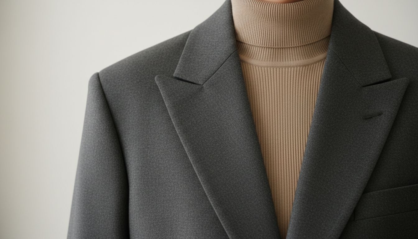 Крупный план воротника тонкой бежевой водолазки, выглядывающей из-под строгого серого блейзера с широкими лацканами.