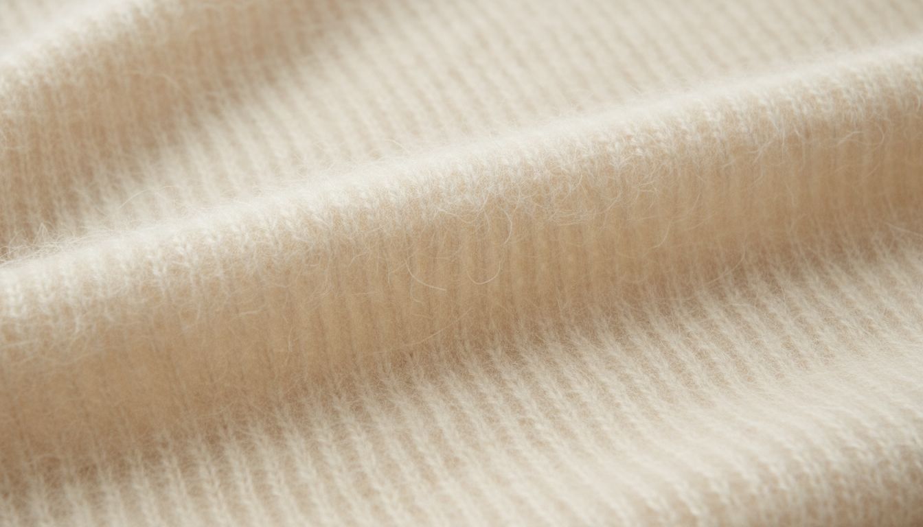 Крупный план текстуры пушистого свитера из мохера в оттенке слоновой кости, демонстрирующий длинные ворсинки и мягкость вязки.