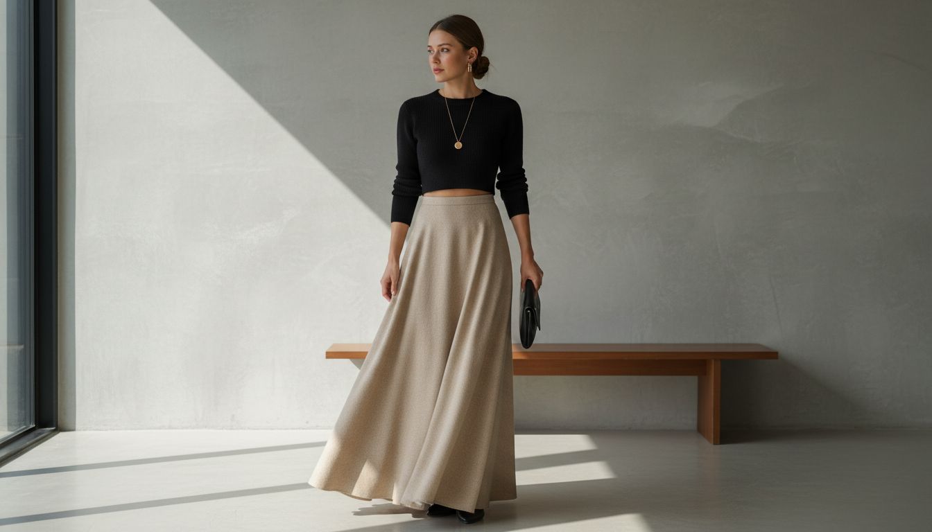 Финальный образ: модель в объемной юбке-макси из бежевой шерсти, идеально сбалансированной с черным укороченным свитером и минималистичными аксессуарами.