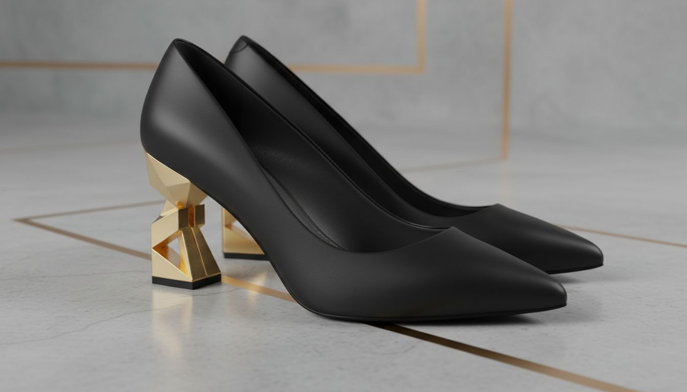 Крупный план туфель-лодочек с острым носом и геометрическим, золотистым каблуком, контрастирующим с черной матовой кожей.