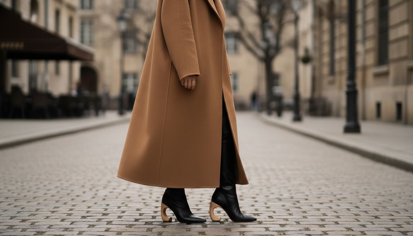 Девушка в длинном, оверсайз пальто цвета кэмел, под которым видны только черные кожаные ботильоны на необычном, изогнутом деревянном каблуке.