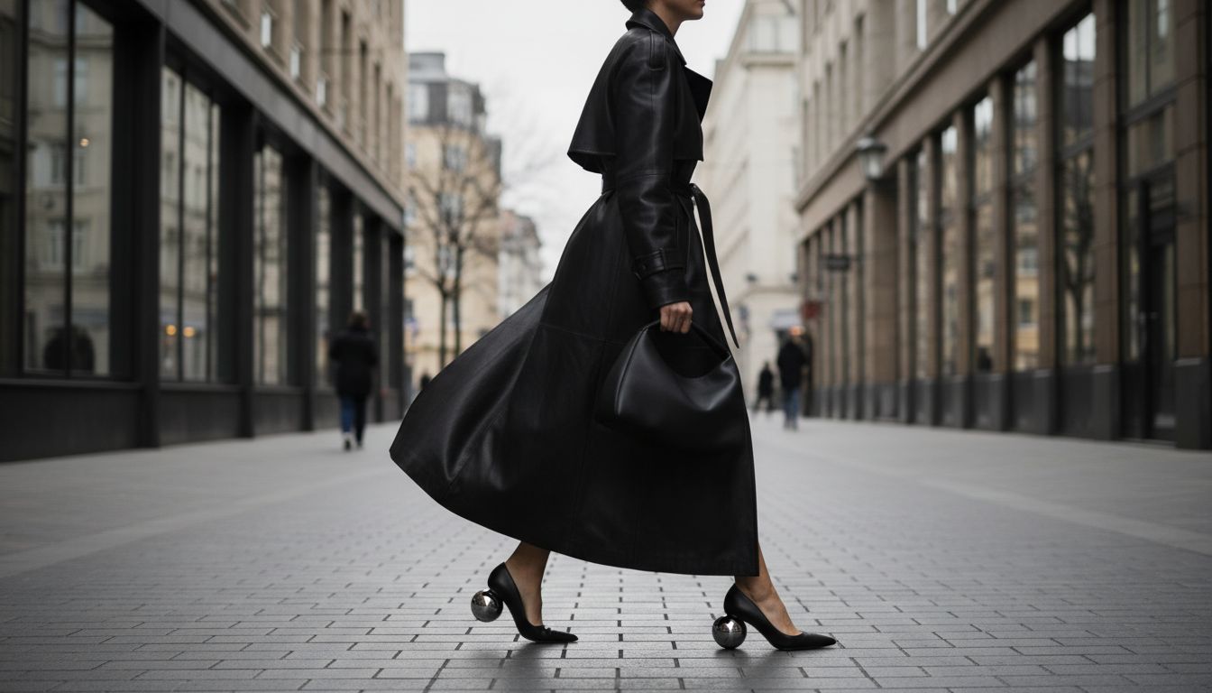 Женщина в длинном кожаном плаще и туфлях на необычном каблуке-сфере, идущая по городской улице.