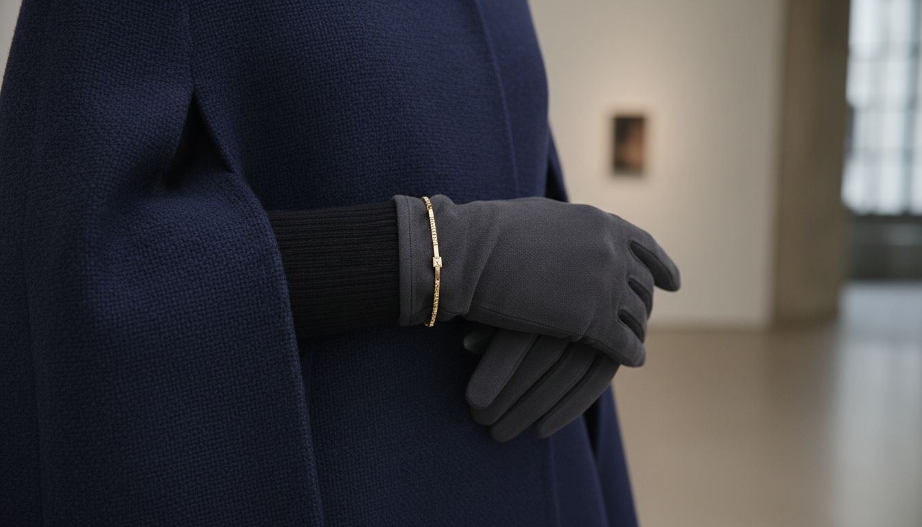 Крупный план: элегантный кейп из плотной шерсти глубокого синего цвета, под которым видны длинные замшевые перчатки и тонкий золотой браслет поверх рукава.