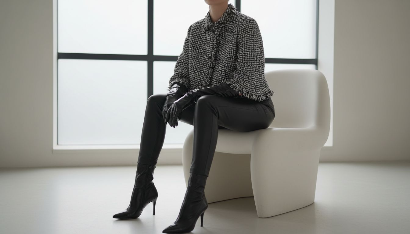 Стилизованный образ: женщина сидит, на ней короткий кейплет из черно-белого твида, узкие черные кожаные брюки, остроносые ботильоны на каблуке-рюмочке и перчатки из глянцевой кожи.
