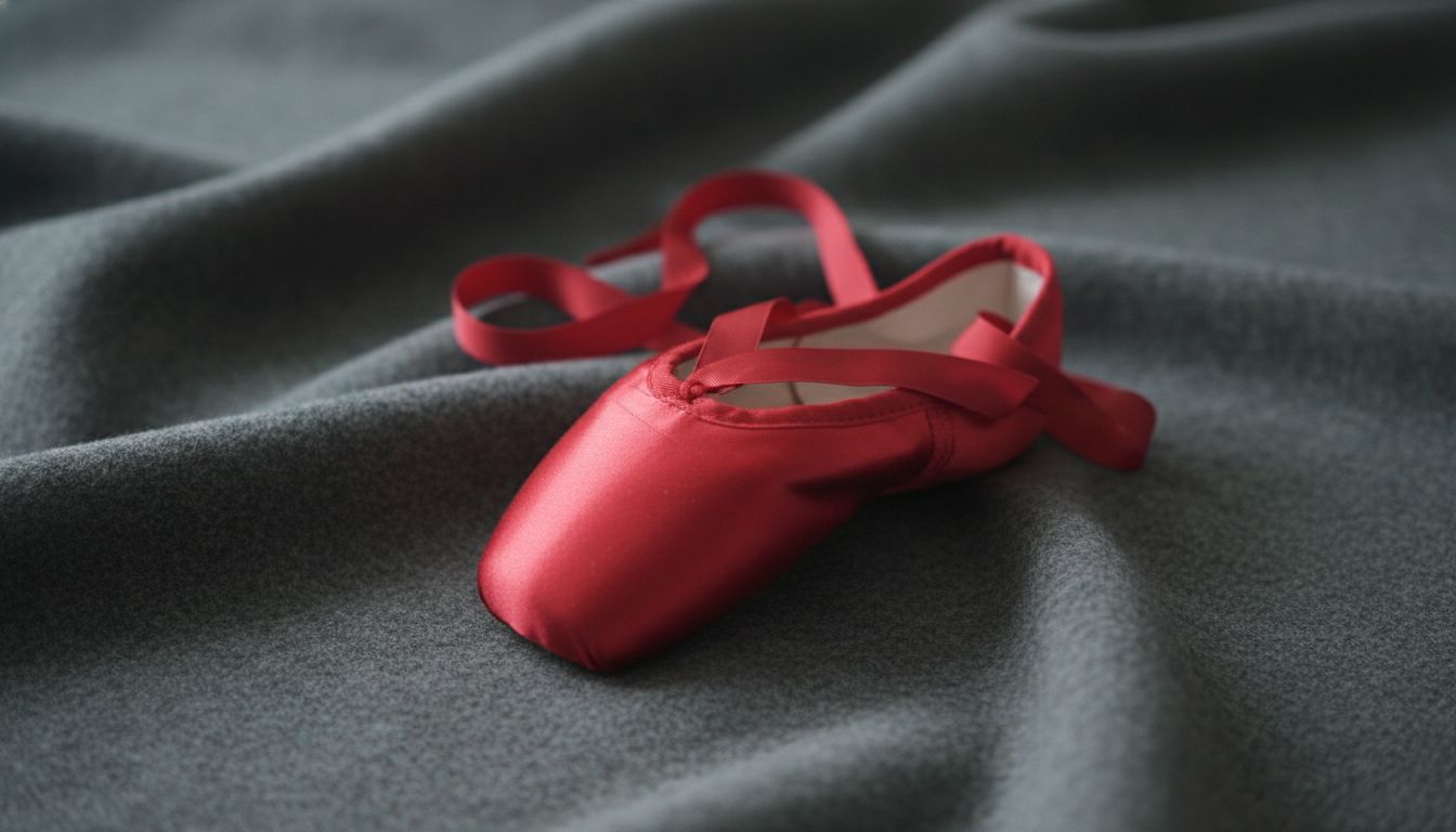 Крупный план атласной балетки вишневого цвета с тонкими ремешками, стоящей на фоне помятой шерстяной ткани.
