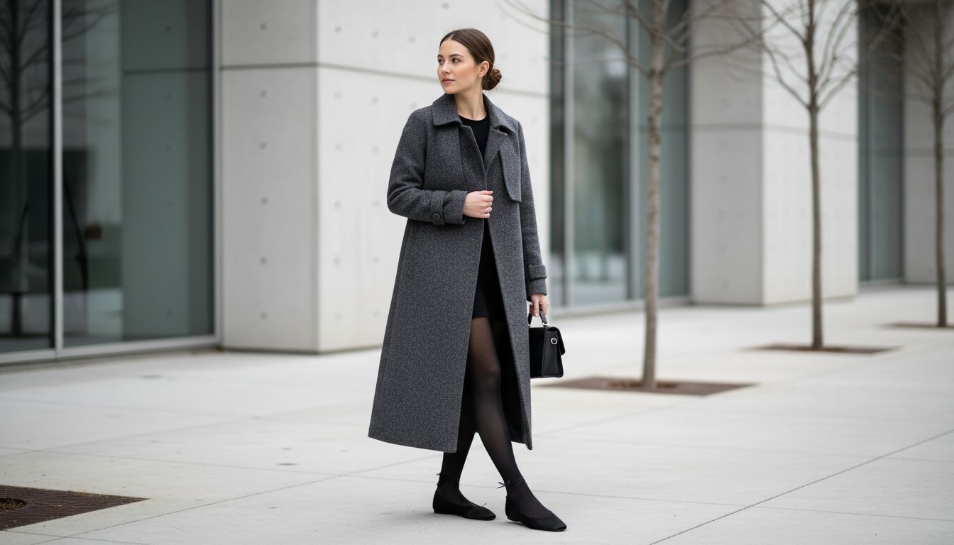 Девушка в длинном сером шерстяном пальто, под которым видны черные плотные колготки и атласные балетки с квадратным мысом.