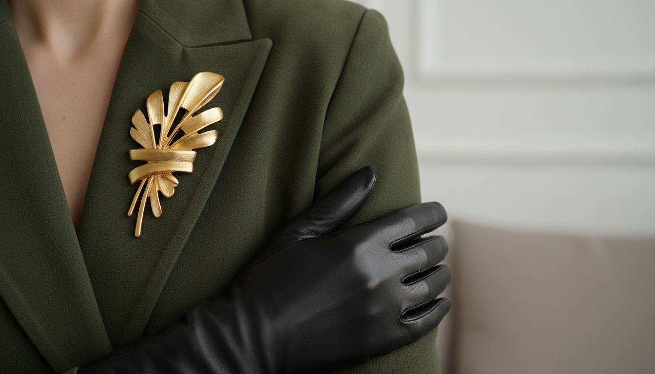 Детализация: Крупным планом показаны аксессуары, золотая массивная брошь на лацкане замшевого жакета и кожаные оперные перчатки.
