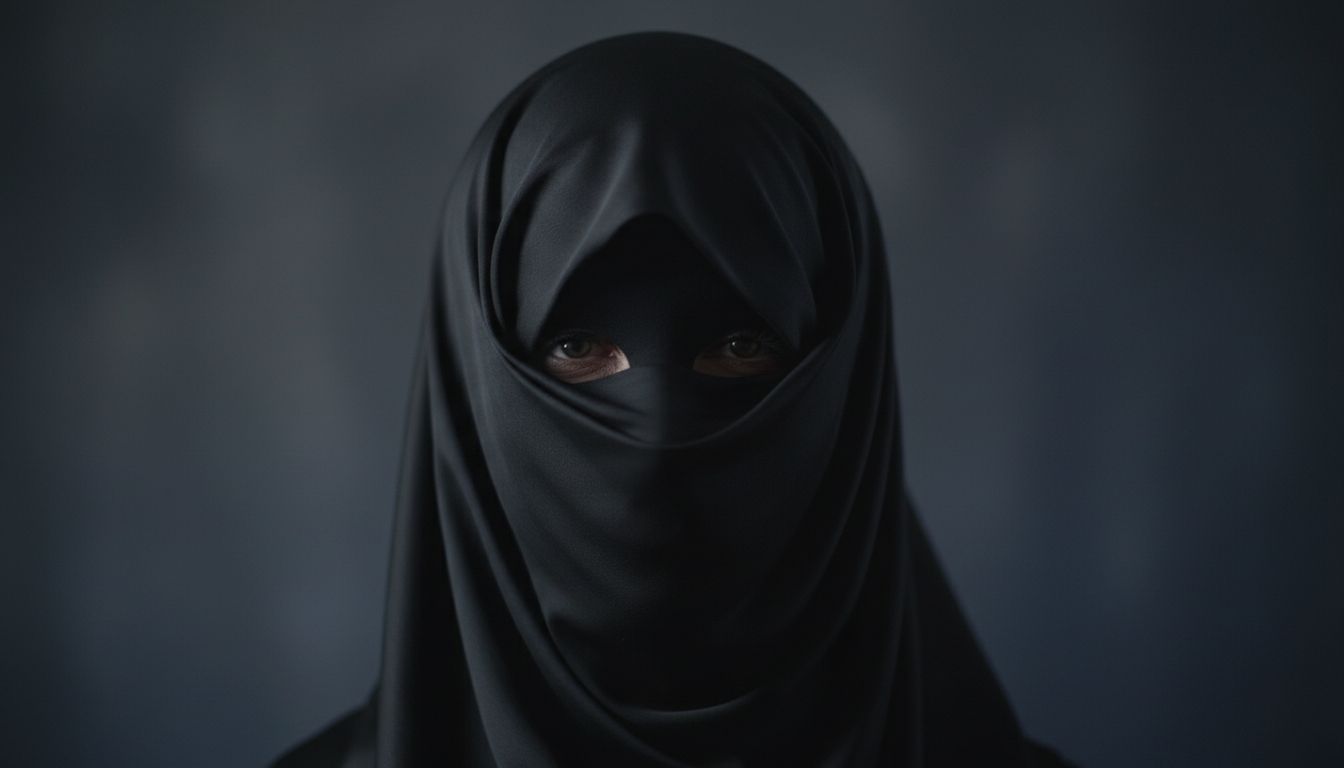 Крупный план на голову, покрытую капюшоном из черного шелкового джерси, который идеально обрамляет лицо.