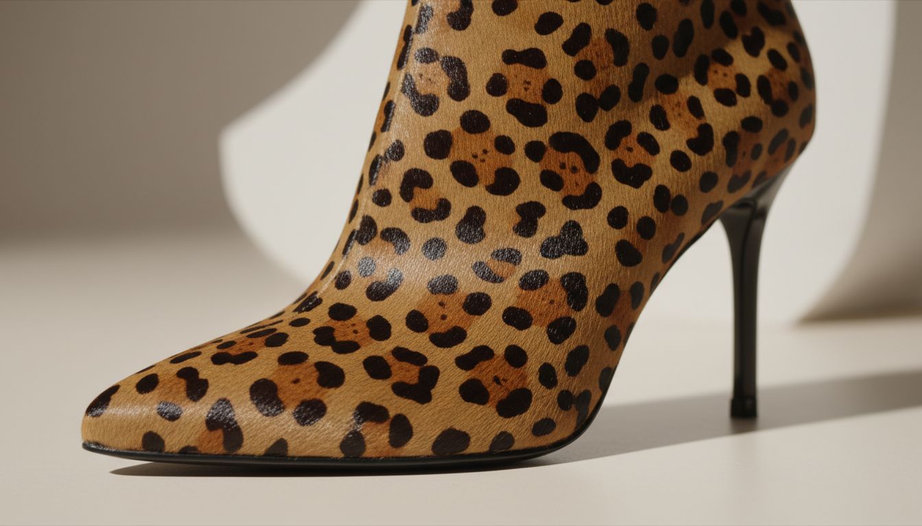 Крупный план глянцевой кожи с эффектом пони с принтом под леопарда на ботильонах.