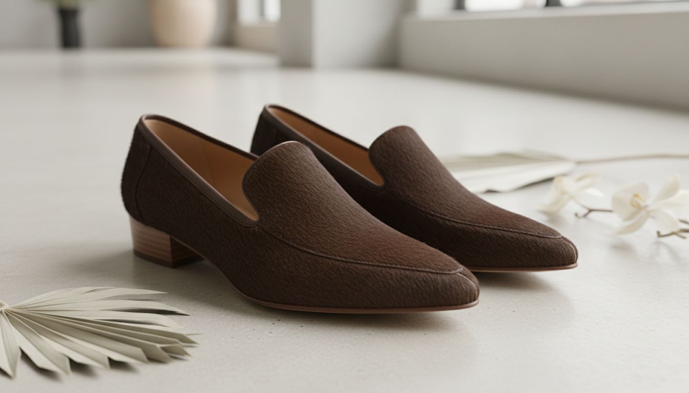 Крупным планом элегантные остроносые лоферы из однотонной темно-коричневой Calf Hair на низком каблуке.