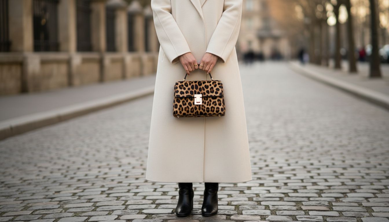 Женщина в длинном пальто цвета слоновой кости, держащая маленькую структурированную сумку из Calf Hair с леопардовым принтом.
