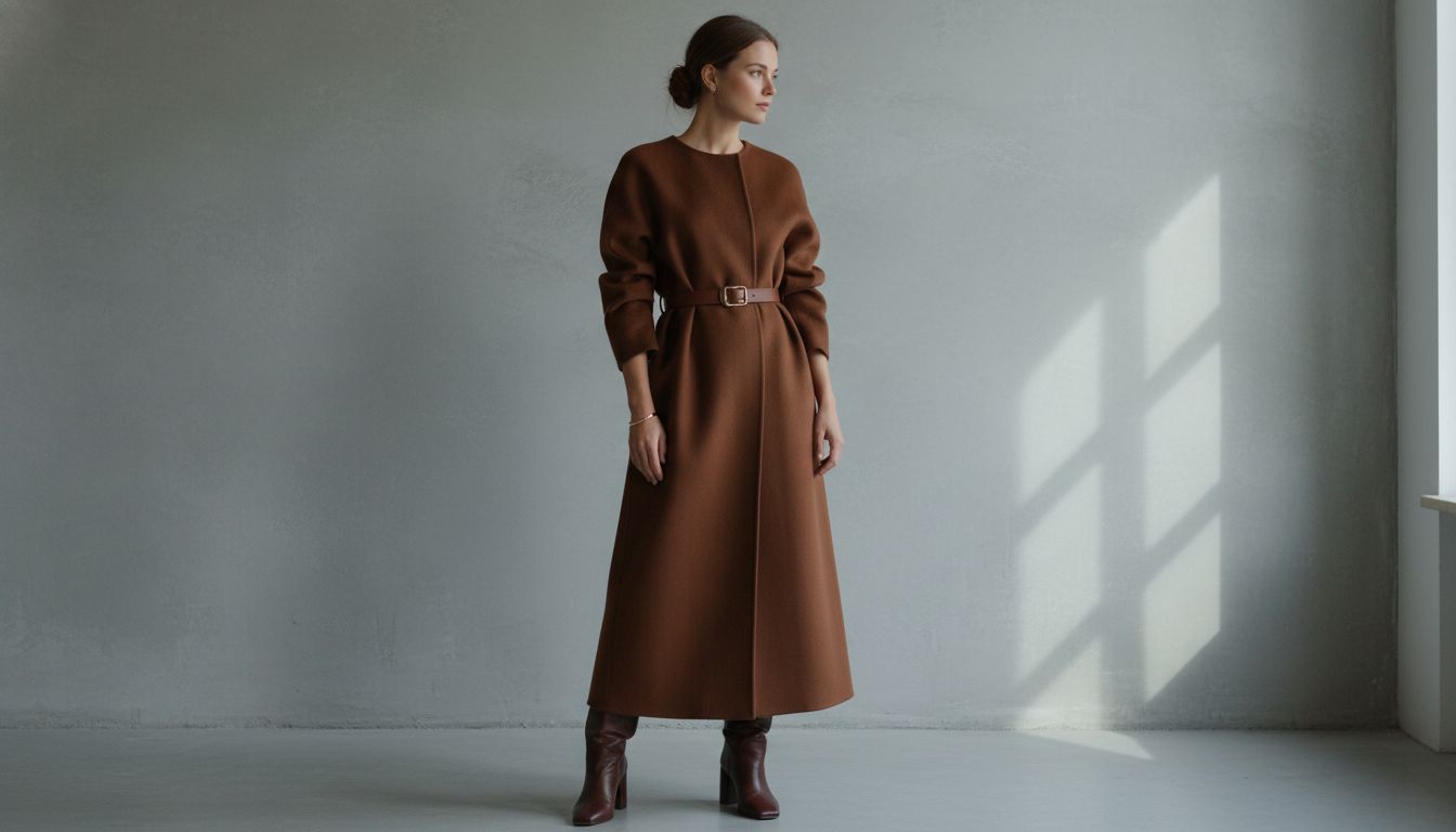 Женщина в длинном пальто оттенка горького шоколада, подпоясанном тонким ремнем, и высоких сапогах.