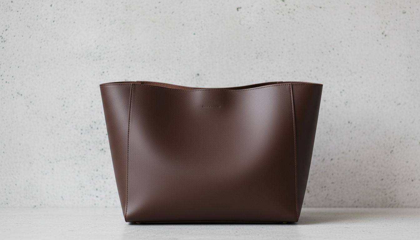 Крупный план строгой сумки-тоут из матовой кожи оттенка горького шоколада на фоне серой стены.