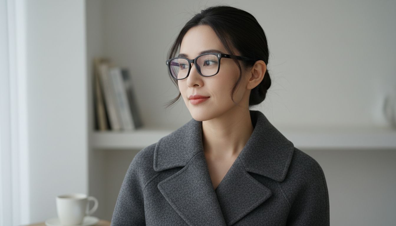 Крупный план на женщину в черной квадратной оправе, ее волосы собраны в низкий пучок, на ней шерстяной жакет.