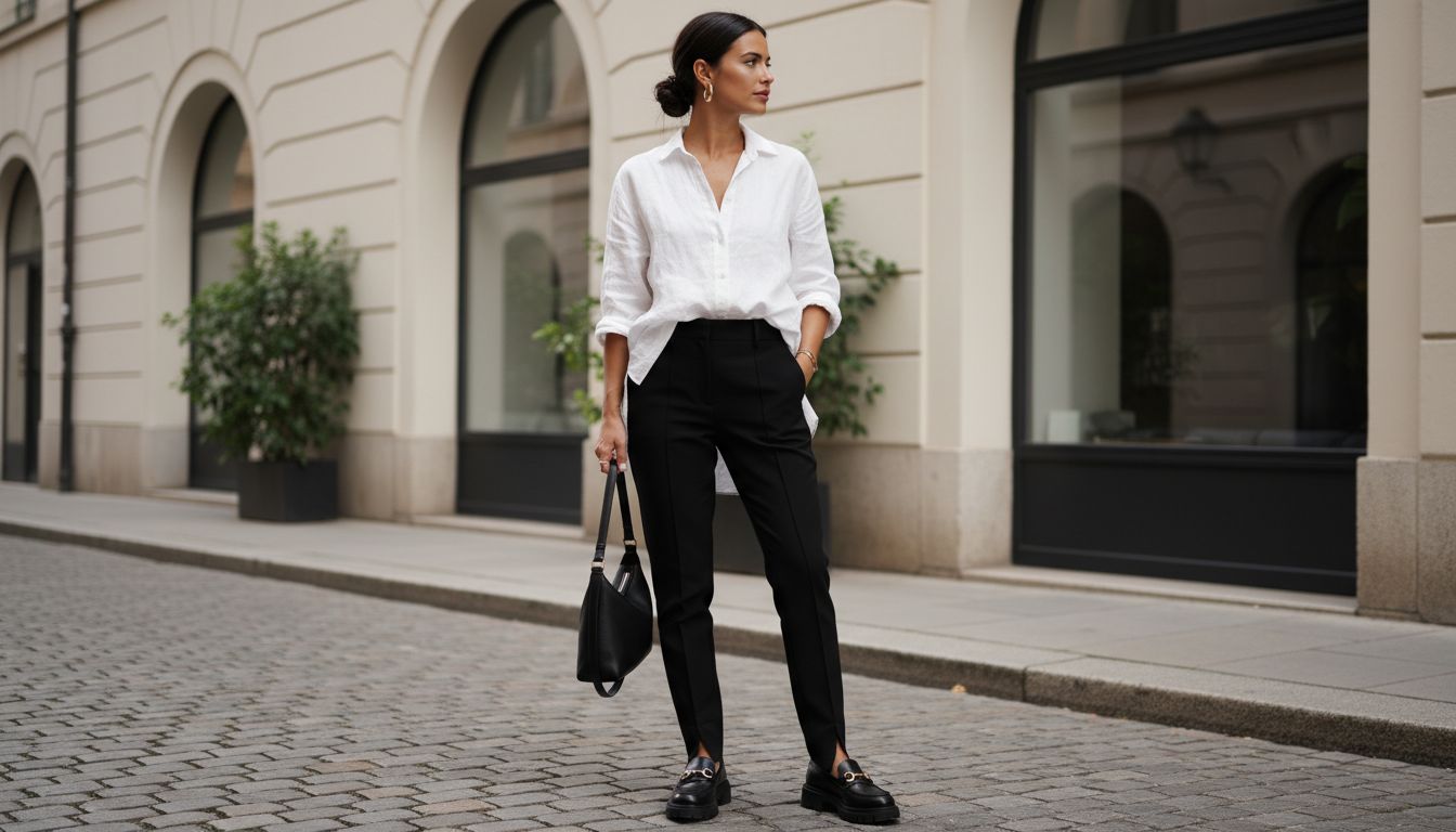 Женщина в свободной белой рубашке, заправленной в черные штрипки, и массивных лоферах, демонстрирующая расслабленный, но структурированный стиль.