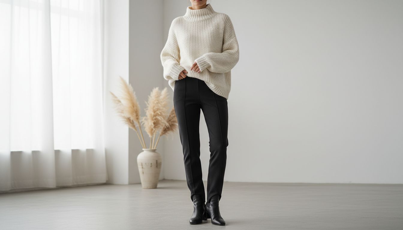 Женщина в черных брюках со штрипками и массивном свитере крупной вязки цвета зимнего молочного, создающей идеальный контраст текстур.