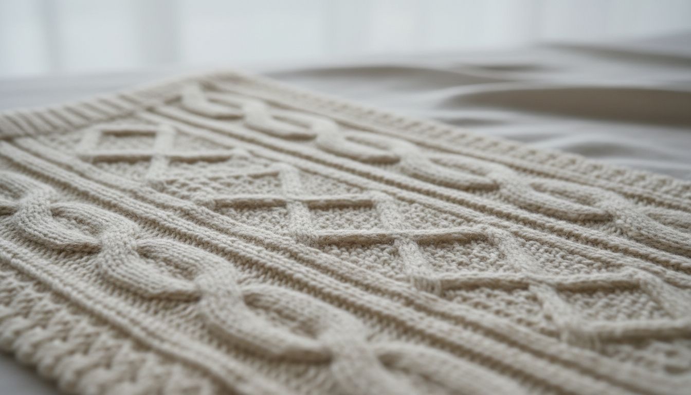 Крупный план идеального плетения свитера Аранского вязания, демонстрирующий глубину и рельефность кос и жгутов.