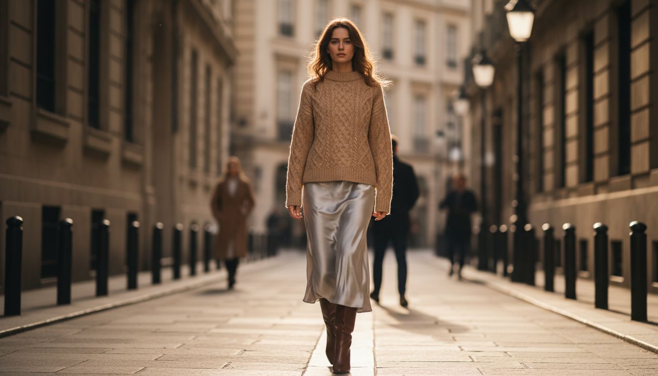 Девушка, идущая по городу. На ней крупный бежевый свитер Аран, свободный, и длинная юбка-макси из серебристого шелка, а также высокие сапоги.