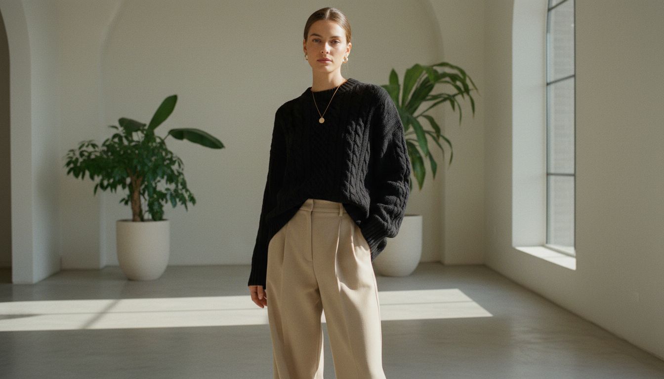Модель в черном свитере Аран оверсайз, заправленном в широкие бежевые брюки с высокой талией, демонстрирующая силуэт.