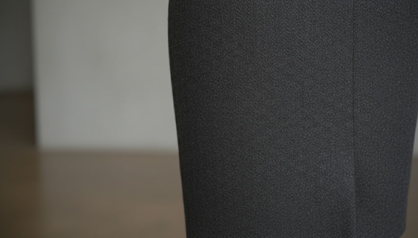 Детальный снимок текстуры плотной темно-серой шерстяной юбки-карандаш с небольшим разрезом сзади, демонстрирующий высокое качество материала.