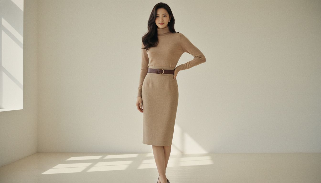 Модель в студии, демонстрирующая юбку-карандаш из бежевой шерсти с заправленным тонким кашемировым джемпером и широким кожаным поясом, подчеркивающим талию.