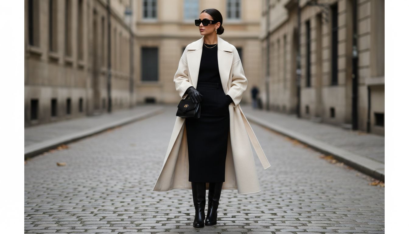 Фэшн-инфлюенсер в длинной черной юбке-карандаш из шерсти, высоких сапогах для верховой езды и длинном, роскошном кашемировом пальто.