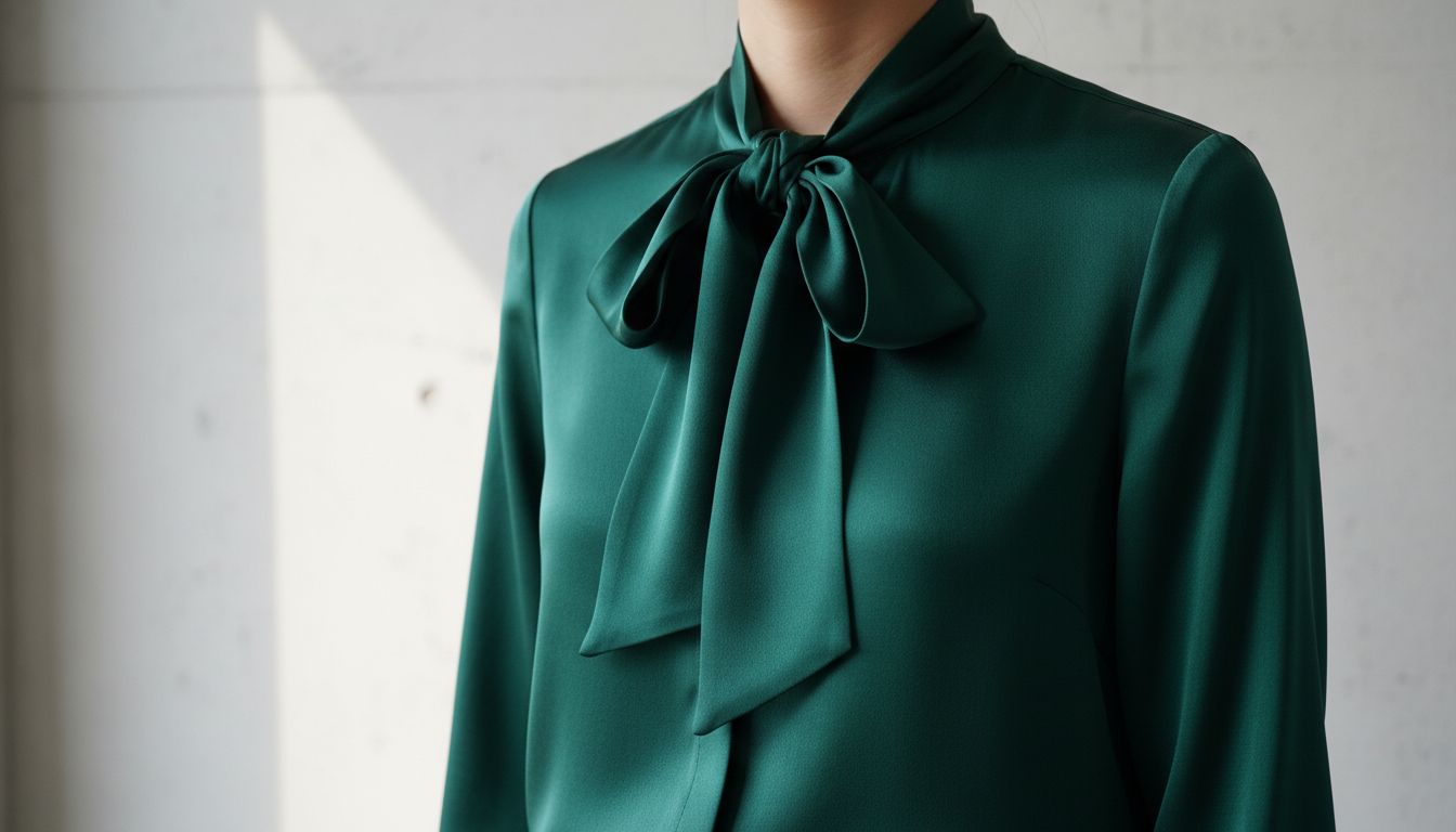 Крупный план шелковой блузки глубокого изумрудного цвета с воротником-бантом, завязанным на шее.