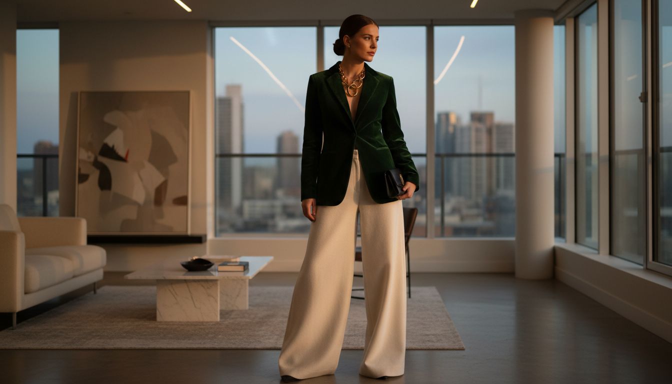 Женщина в широких брюках-палаццо из плотной шерсти цвета слоновой кости и в бархатном изумрудном жакете с массивным золотым колье.