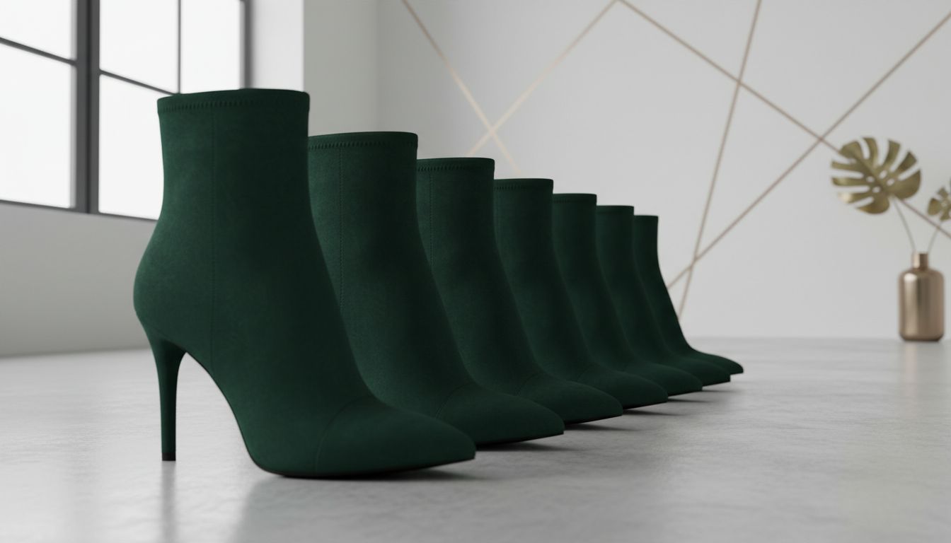 Ряд остроносых ботильонов из замши глубокого изумрудного цвета на тонком каблуке.