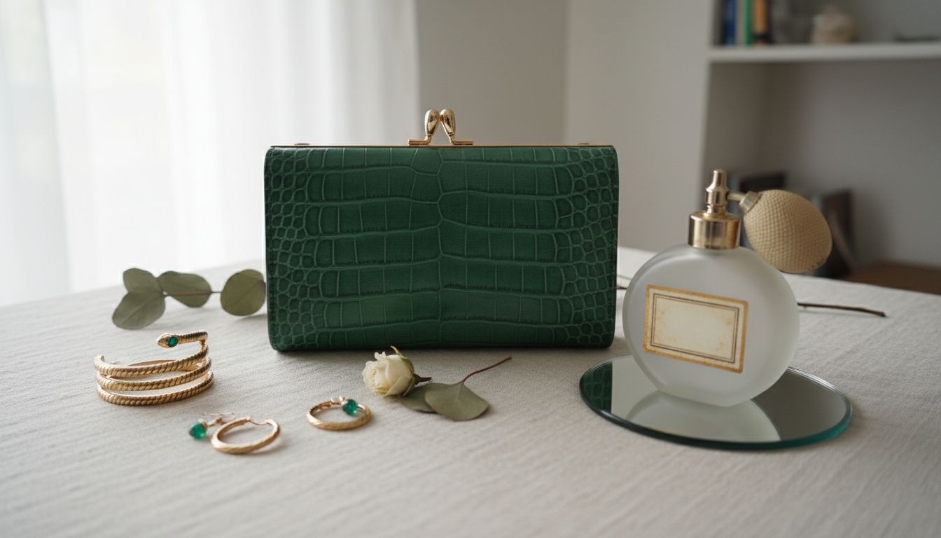 Натюрморт с изумрудным клатчем из тисненой кожи, золотыми украшениями и флаконом винтажных духов.