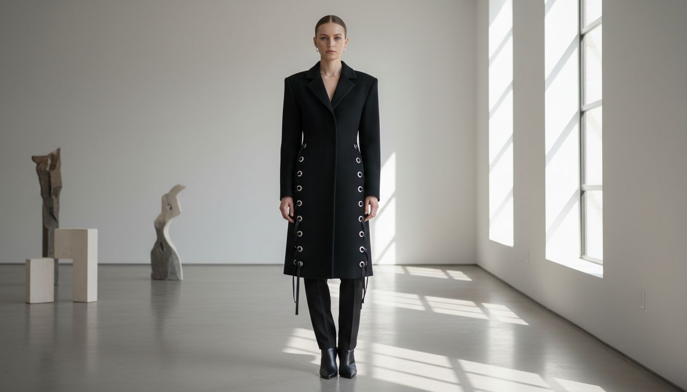 Модель в черном пальто с широкой линией плеча, украшенном крупными люверсами по бокам, в сочетании с тонкими брюками.