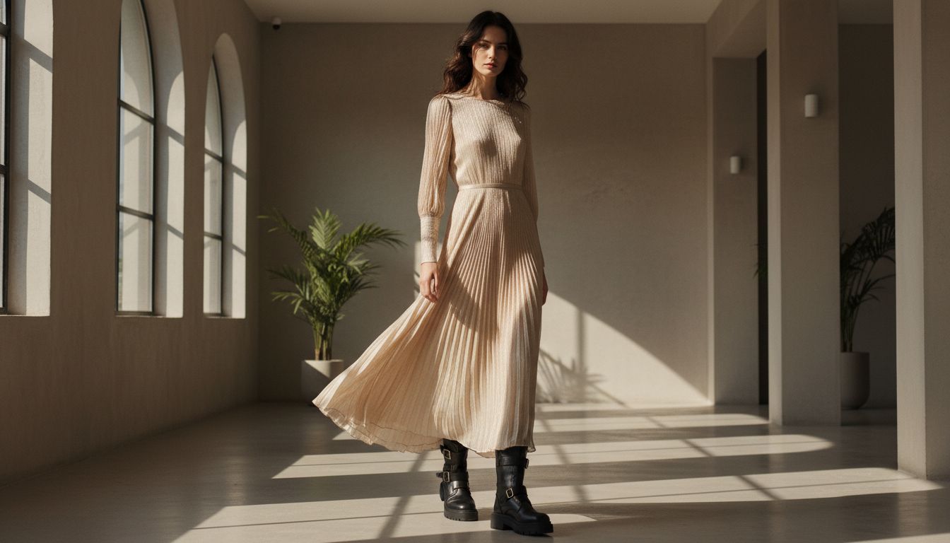 Девушка в длинном плиссированном платье цвета шампанского и массивных черных мотоботах, подчеркивающих контраст фактур.