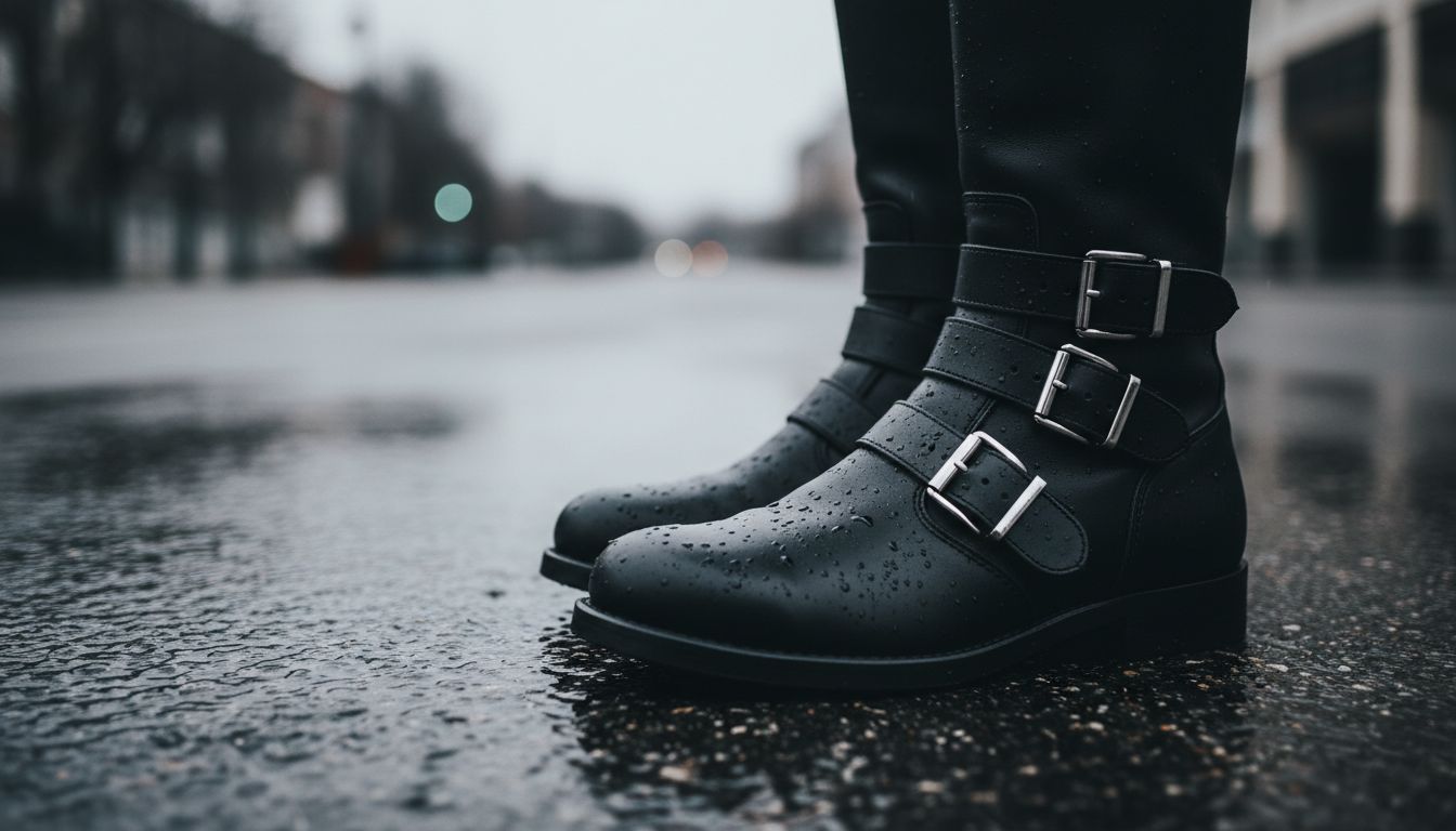 Крупный план мотоботов из матовой кожи с тремя ремнями и пряжками, стоящих на мокром асфальте.