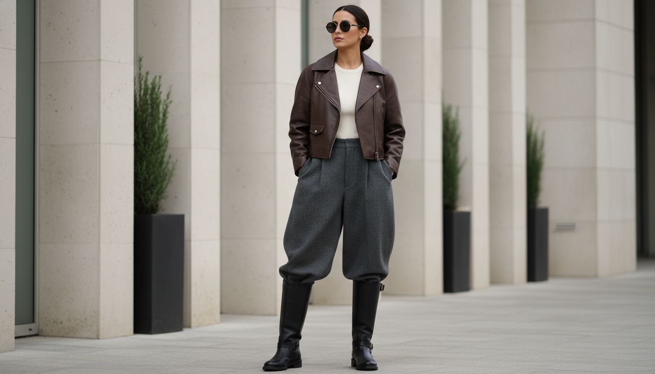 Стилизованный образ: женщина в широких брюках-палаццо из плотной шерсти, заправленных в высокие мотоботы, и укороченном кожаном жакете.