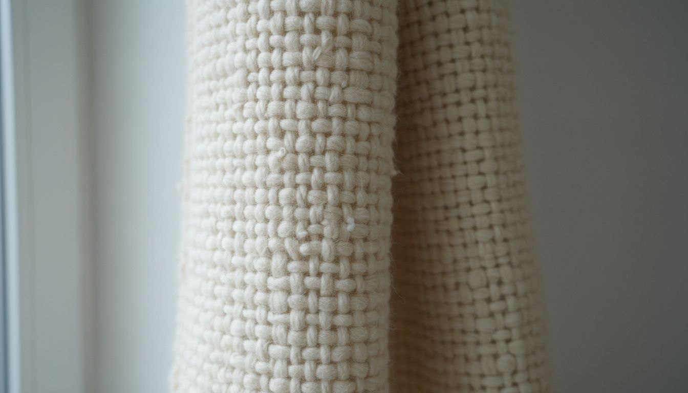 Детальный кадр фактуры плотного шерстяного букле в оттенке слоновой кости.