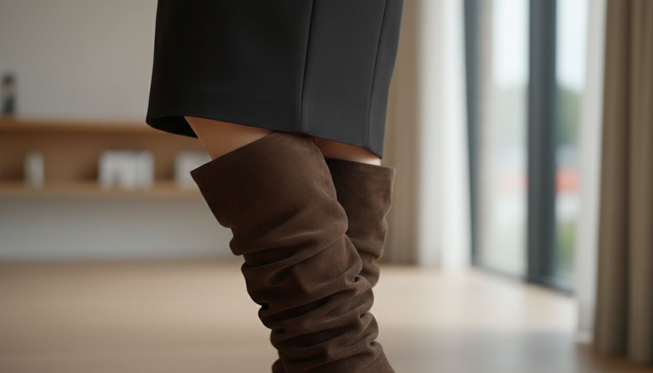 Крупный план присборенного голенища сапога-трубы из темно-коричневой замши, контрастирующего с тонкой черной юбкой-карандаш.