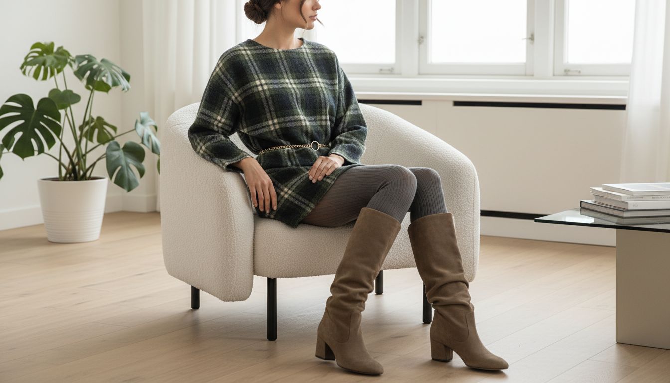 Стилизованный образ, где высокие замшевые сапоги-трубы надеты с плотными, но не яркими колготками и шерстяным мини-платьем в клетку.