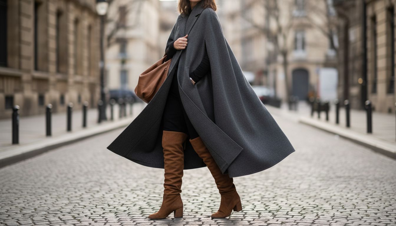 Женщина в длинном пальто-кейпе и высоких присборенных сапогах-трубах, создающих драматичный, но расслабленный силуэт.