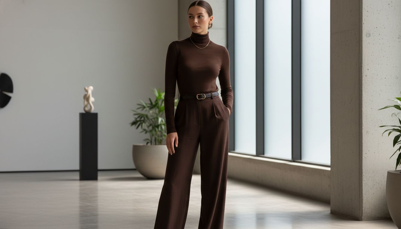 Монохромный образ: Брюки-палаццо цвета горького шоколада, стилизованные с облегающим свитером в тон и кожаным тонким ремнем на талии.