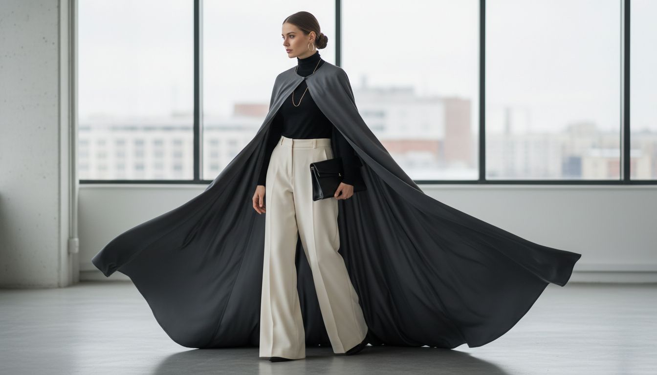 Девушка в брюках-палаццо и длинном кейпе, создающем драматичный струящийся силуэт.