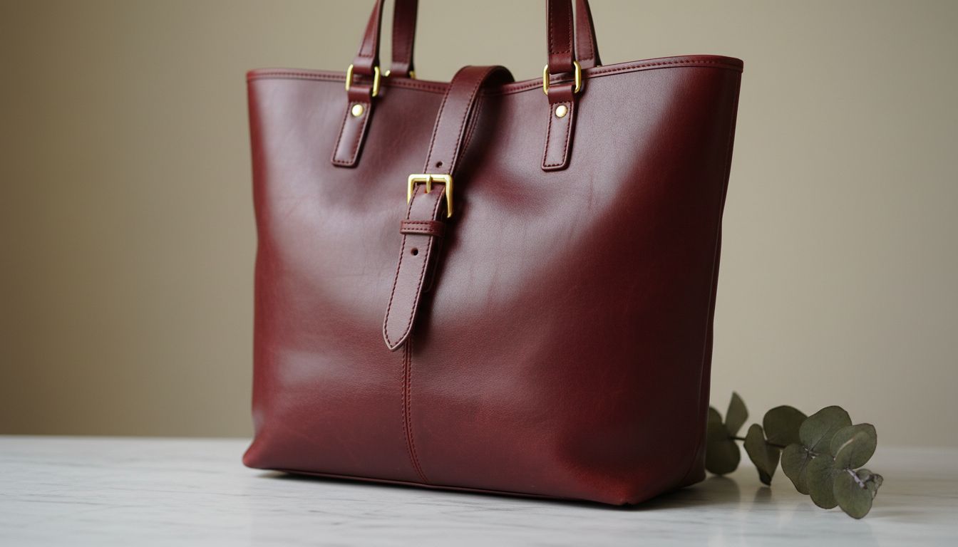 Крупный план винтажной кожаной сумки-тоут цвета Oxblood с золотистой фурнитурой.