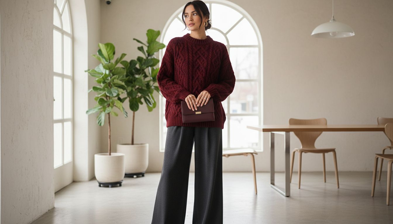 Девушка в уютном оверсайз свитере крупной вязки цвета Oxblood, стилизованном с брюками-палаццо.