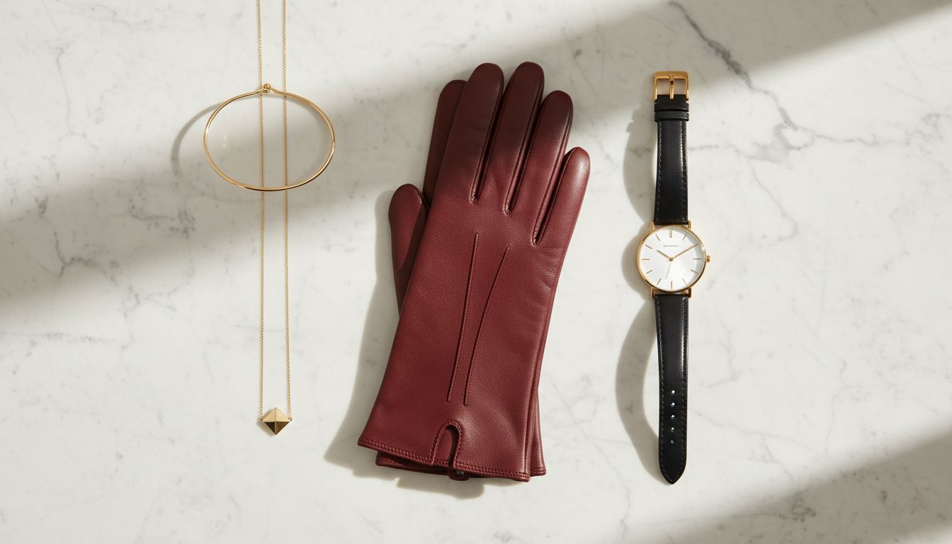Аксессуары: кожаные перчатки цвета Oxblood, золотые минималистичные украшения и строгие часы.