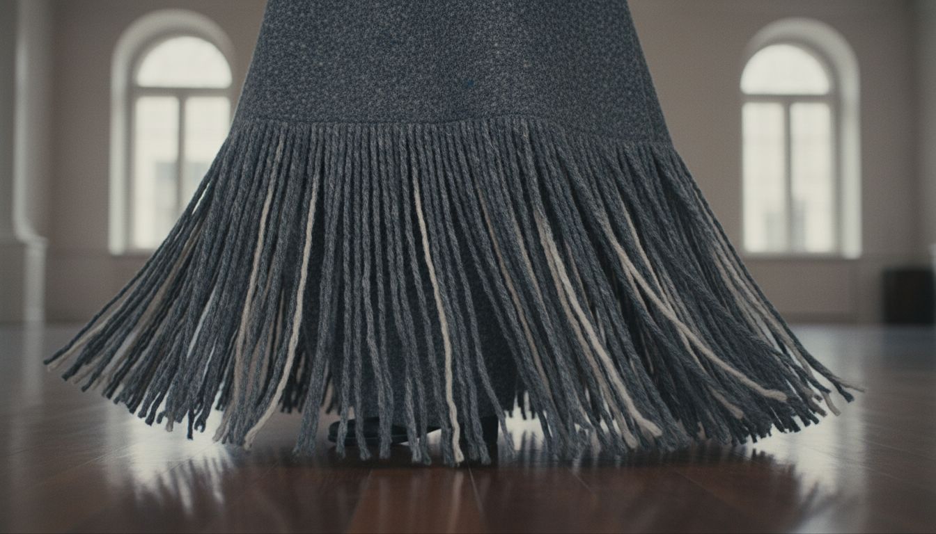 Крупный план подола длинной юбки из плотной шерсти, где классический край заменен густой, длинной бахромой, создающей эффект струящегося водопада.